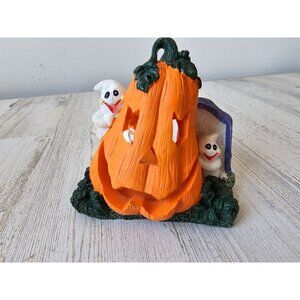 Vintage pumpkin jack-o-lantern candle holder cemetery ghosts tombstone Halloween